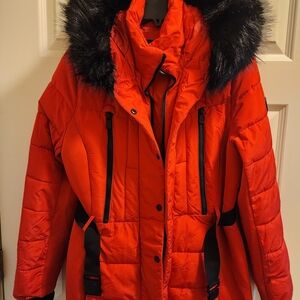 London Fog Women's Red Ski Jacket with Faux Fur Hood